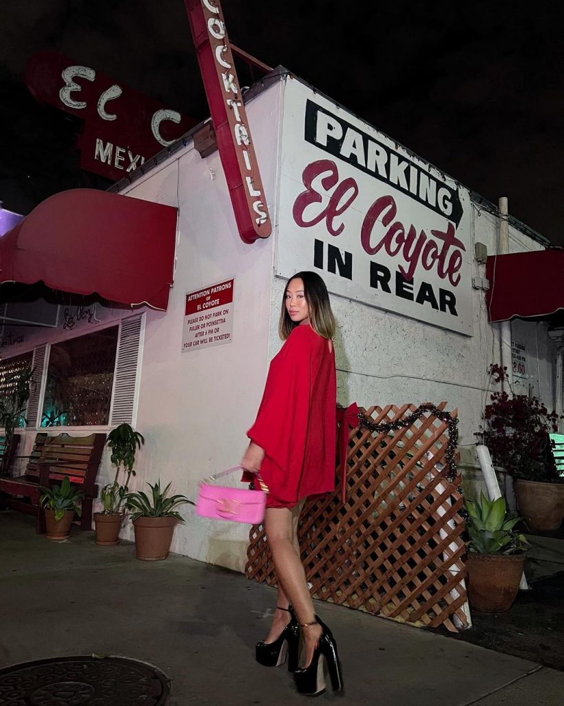 Foto da blogueira Aimee Song de vestido vermelho e sapato da tendência.