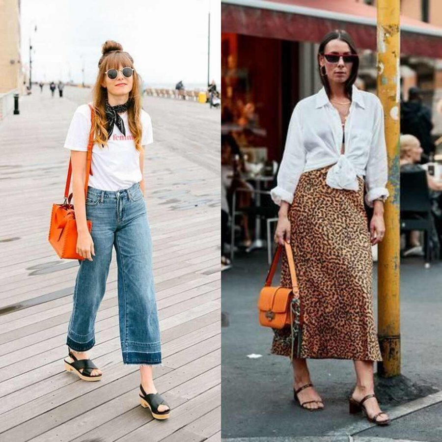 duas mulheres com exemplos de sandália de couro e looks